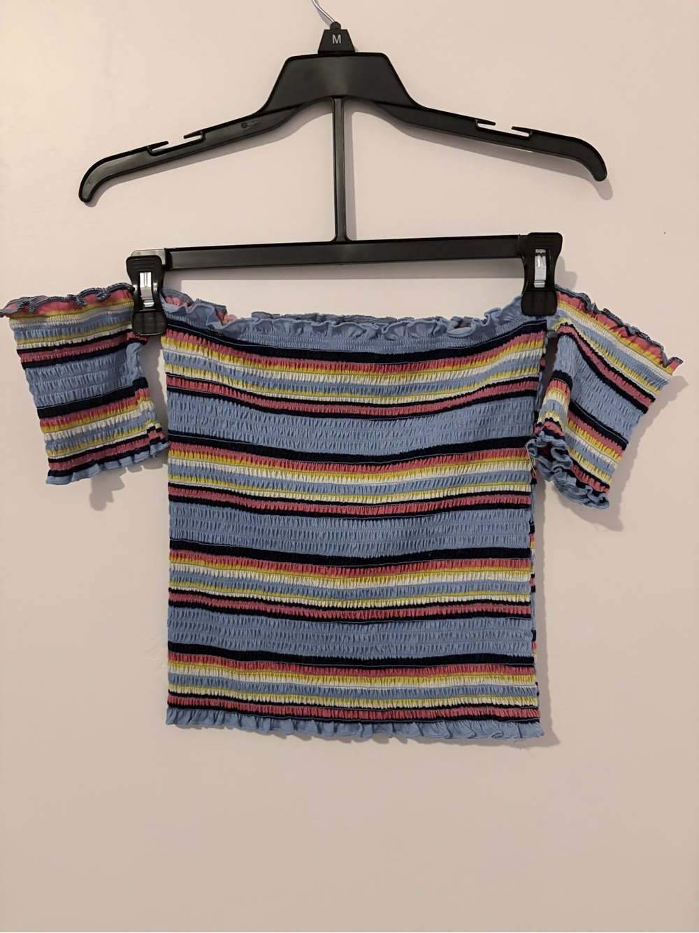 Crave Fame Blue Multicolor Striped Off-Shoulder Crop Top